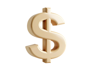 A glossy, gold-colored, three-dimensional dollar symbol floating in space