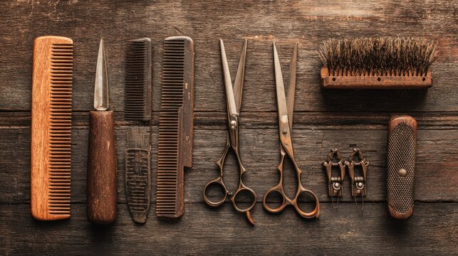 Vintage barber tools on a dark wooden table