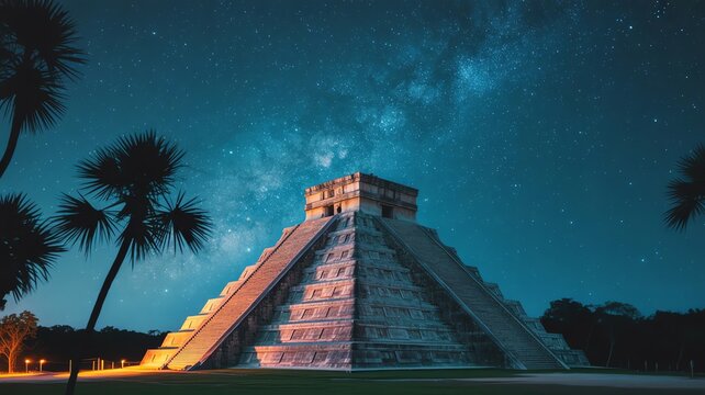Mayan pyramid under starry night sky