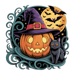 Halloween Pumpkin Jack-o- Lantern with Witch Hat Black Cat Bats and Moon Keywords: Halloween, pumpkin, jack-o-lantern, witch isolated on a transparent background