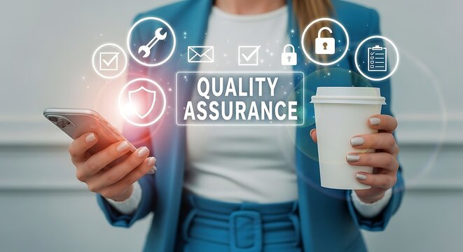 Professional Woman Holding Mobile Phone with Quality Assurance Icons Display