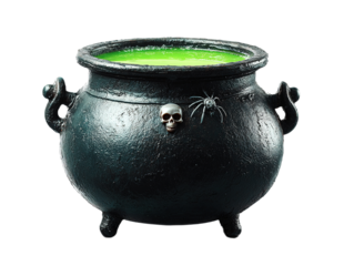 Halloween Cauldron PNG: Cauldron with Green Liquid, Skeleton & Spider (Isolated on Transparent Background)