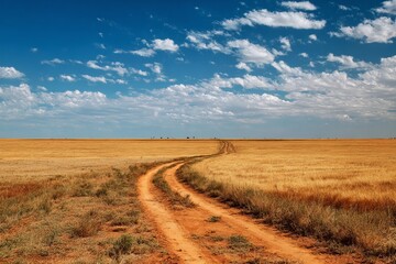 Fototapeta premium Dirt road winding through golden dry field under bright blue sky