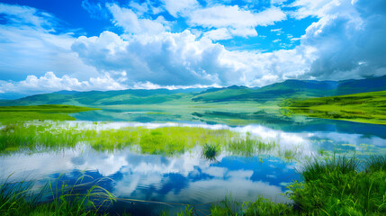 Serene lake reflecting sky and green hills