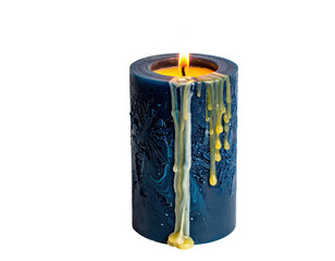Dark blue candle, burning, with melted wax dripping down its textured sides