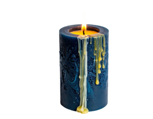 Dark blue candle, burning, with melted wax dripping down its textured sides