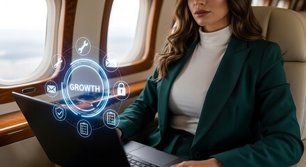 Stylish Businesswoman Using Laptop with Growth Technology in Private Jet