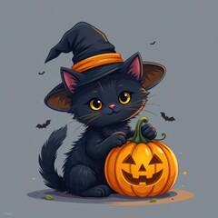 Adorable black kitten wea a witch hat sitting next to a carved Halloween pumpkin with bats flying around on a festive spooky costume themed background