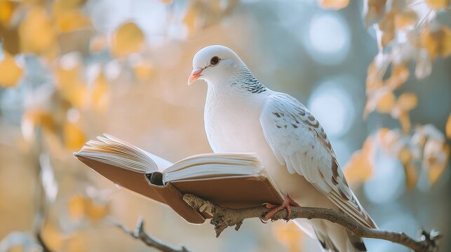 White dove sitting on an open book on a tree branch in autumn - Powered by Adobe