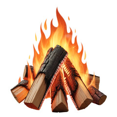 Realistic campfire with burning logs and glowing embers Keywords: campfire, fire, logs, burning, embers, glowing, realistic isolated on a transparent background