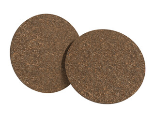 3D Round natural cork texture Beer Coaster Mockup, isolated on background. Protection bierdeckel for beer glasses, bottle, can, cup holder. Empty bottle coaster lying template for beverage branding