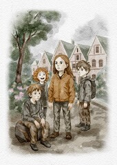 A group of children standing together on the street, children friends, watercolor illustration