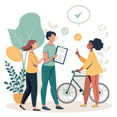 Vector art of three diverse friends planning an ecofriendly outing, discussing checklist items near a bicycle, vector illustration