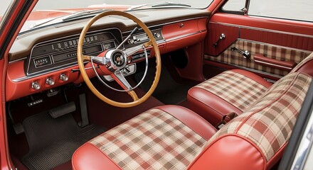 Classic Interior Plaid Seat Vintage Car Dashboard with Wooden Steering Wheel