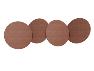 3D Round leather brown texture Beer Coaster Mockup, isolated on background. Protection bierdeckel for beer glasses, bottle, can, cup holder. Empty bottle coaster lying template for beverage branding