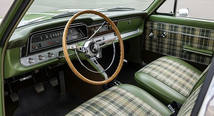 Detailed Interior View of a Classic Green Sedan Car Dashboard