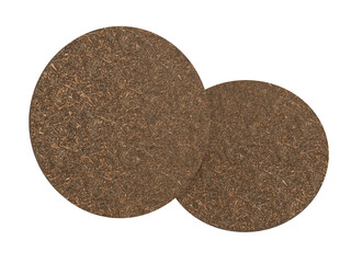 3D Round natural cork texture Beer Coaster Mockup, isolated on background. Protection bierdeckel for beer glasses, bottle, can, cup holder. Empty bottle coaster lying template for beverage branding