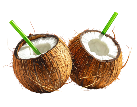Two coconut halves, filled with coconut water, straws inserted