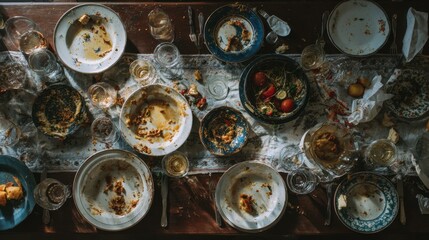 Cluttered dining table filled with dirty plates and remnants of a festive meal gathering