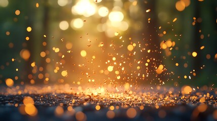 Golden glimmer: Abstract bokeh and particles dance in a sunlit forest clearing