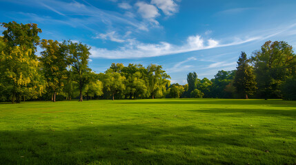 Obraz premium Green park with trees and blue sky