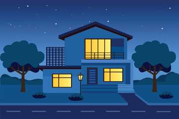 Night View of City Buildings. Residential Building at Night.  Minimalist Home at Night. House lamps. Peaceful Night at Home. Starry nights home.
