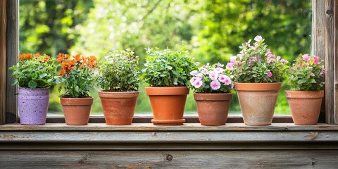 A row of potted plants with different flowers and colors, arranged on a wooden window sill with a green outdoor background.