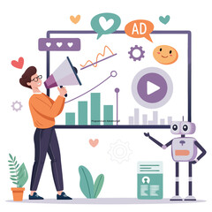 Vector art of a man with a megaphone and a robot promoting a product or service through online advertising and marketing strategy
