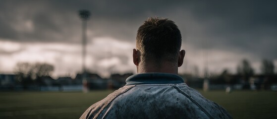 Man's back, sports field, overcast