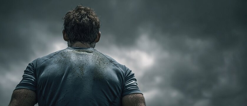 Man in a sports jersey, back view, against a dramatic sky