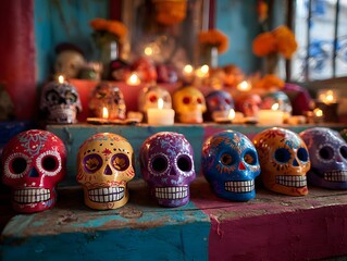 a traditionally painted sugar skulls on an altar, celebrating the Day of the Dead