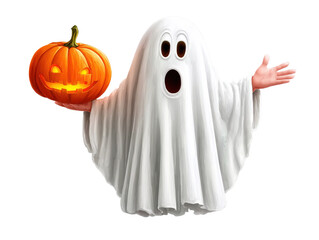 Cute Cartoon Halloween Ghost Sticker Vector: Front-View Ghost Holding Pumpkin (Pure White/Transparent Background, Realistic Engine Rendering, PNG)