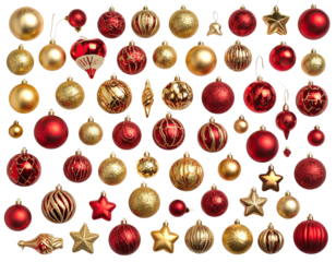 Array of varied holiday ornaments, mostly red and gold, against a dark background