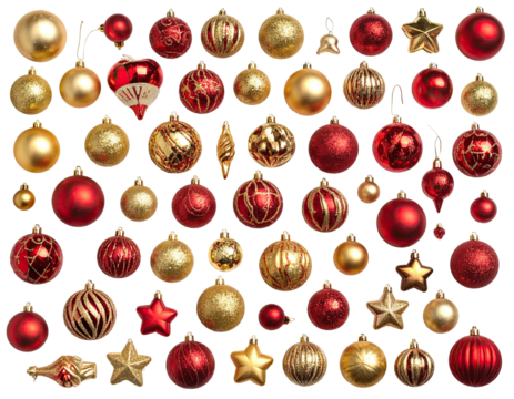 Array of varied holiday ornaments, mostly red and gold, against a dark background