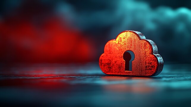 Secured cloud network symbol featuring keyhole on a red and blue lighted backdrop