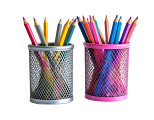 Two mesh pencil holders filled with a vibrant assortment of colored pencils