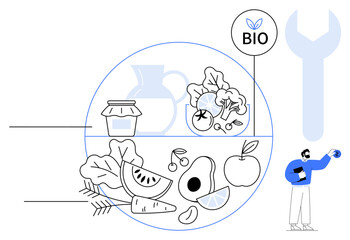 Fresh fruits, vegetables, and organic jar emphasize healthy eating. Bio label highlights sustainability and eco-friendly focus. Ideal for wellness, nutrition, organic farming, bio certification