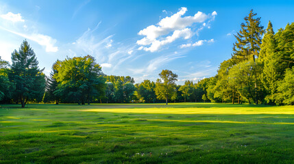 Fototapeta premium Green park with trees and blue sky