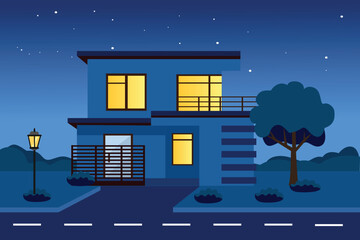 Night View of Modern Urban Building with Glowing Windows. Modern house. Residential house. Housing neighborhood.