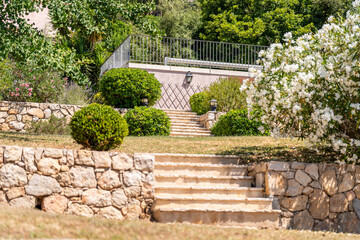 Stone garden stairs with Mediterranean plants