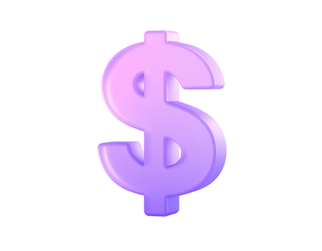 A vibrant, 3D dollar sign in a gradient of purple and pink colors, isolated