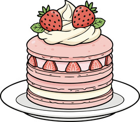 Tall Macaron Strawberry Shortcake Vector Illustration – Cute Layered Cake with Whipped Cream and Fresh Strawberries