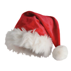 Red Santa Hat with White Fur Trim and Pom on White Background christmas holiday isolated on a transparent background
