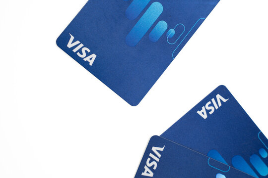 Naestved, Denmark, June 8th 2025, Visa cards from Nordea on white background in flat lay style