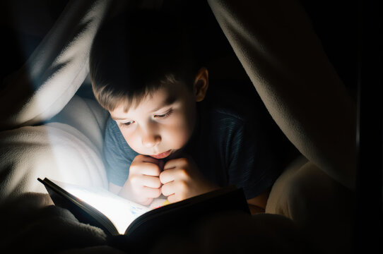 Curious young boy intently focuses bright digital device, tucked away dark blanket. His small face brightly illuminated by glowing screen, showing deep sense of wonder and engagement - Powered by Adobe