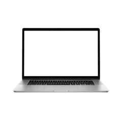 Silver Laptop Computer with Blank White Screen on Black Background technology device isolated on a transparent background