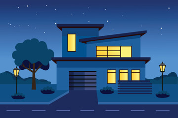 Modern Home Night Scene. Modern Architecture Night Illustration. Night View of Minimalist House. Residential area. City house building.