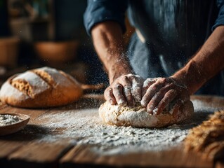 Baker preparing homemade bread on wooden table hands