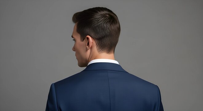 Rear view of a young businessman in a formal blue suit against a gray studio background.