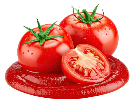 Three tomatoes, one halved, atop a puddle of thick red sauce
